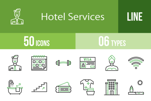 50 Hotel Services Green Black Icons