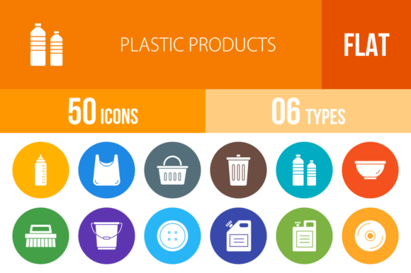 50 Plastic Products Flat Round Icons