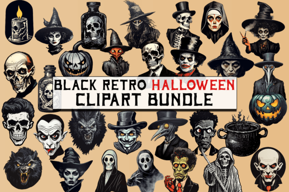 Black Retro Halloween Clipart Bundle